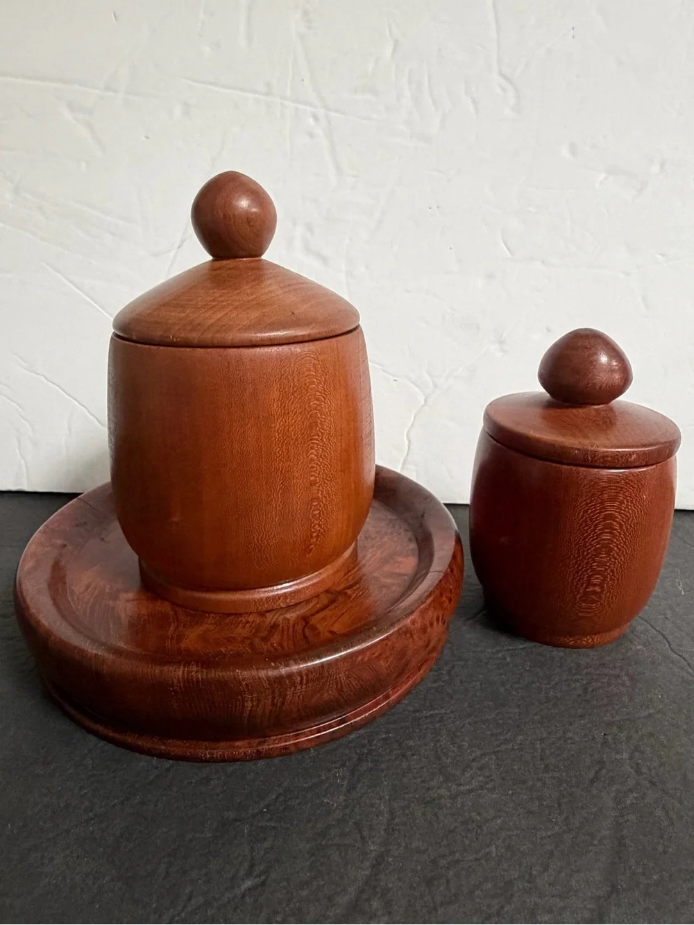Set of Two Turned Wooden Canisters with Lids - Rich Brown